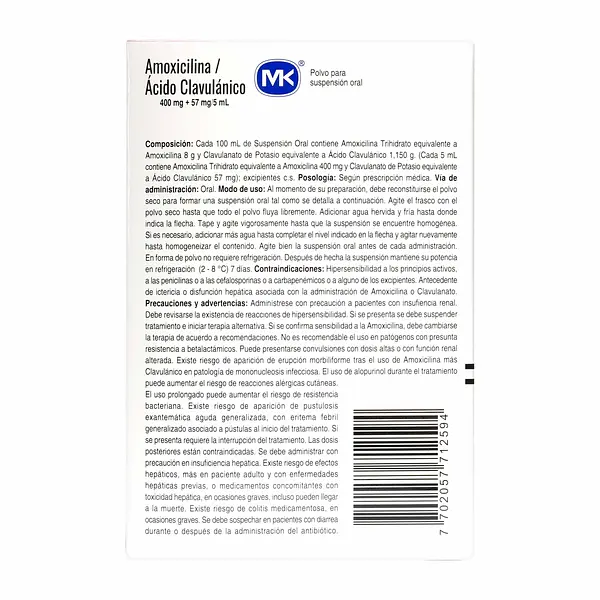 Amoxicilina+Acido Clavulanico 400/57 Mg Mk